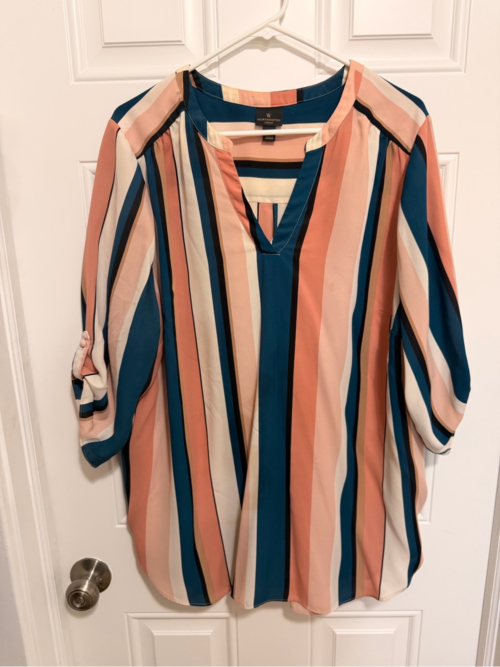 Worthington Teal, Coral & Cream Striped V-Neck Blouse